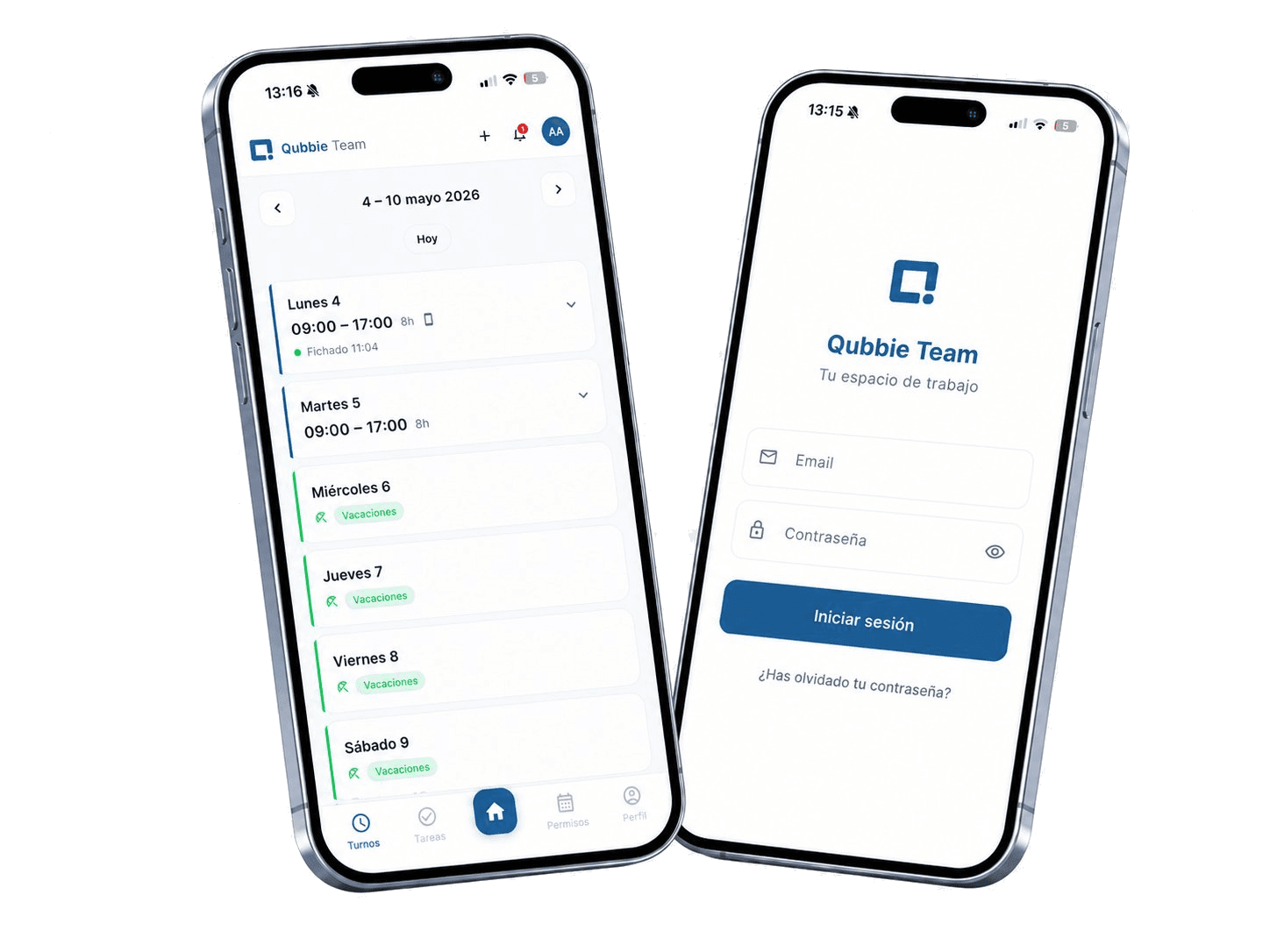 App móvil Qubbie Team mostrando turnos y login del empleado