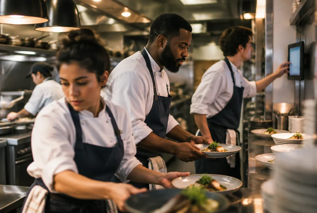 Tres cocineros en la línea pasando platos; uno consulta la tablet de la cocina