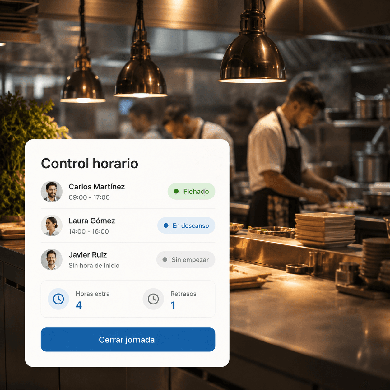 Panel de control horario en Qubbie con fichajes, horas extra y retrasos del día