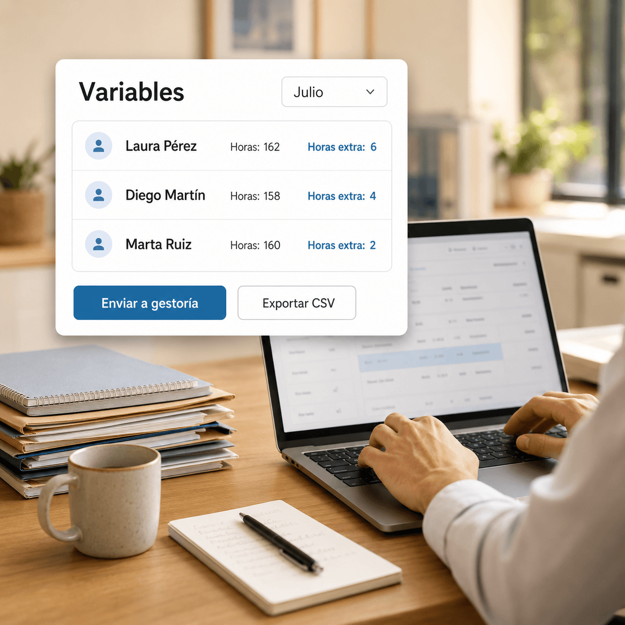 Variables de nómina del mes con horas y horas extra, listas para enviar a la gestoría