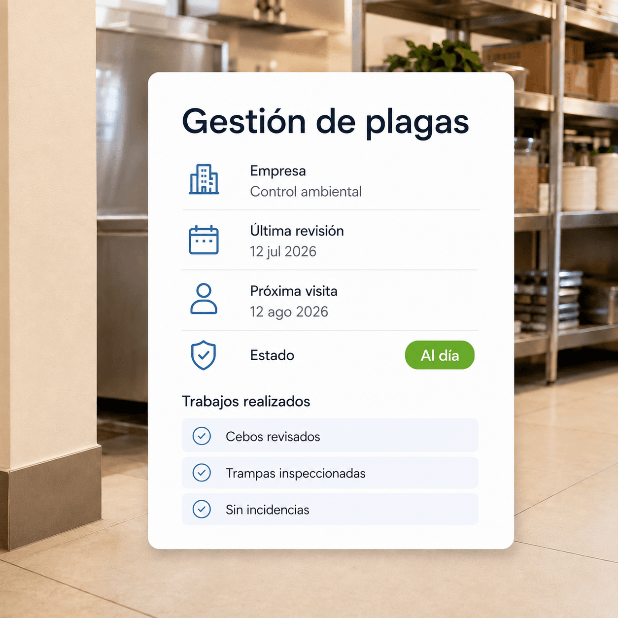 Ficha de gestión de plagas con última revisión, próxima visita y estado al día