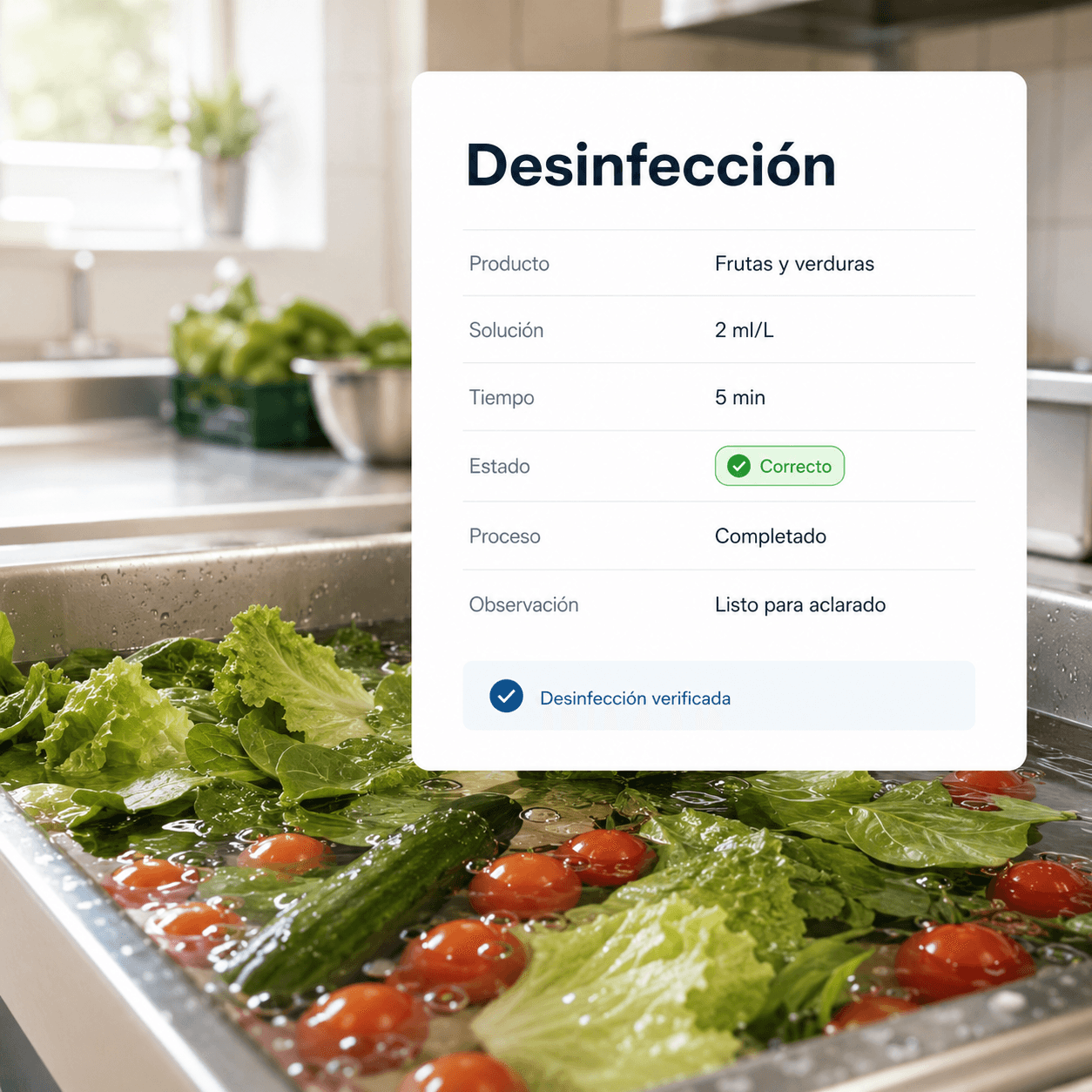 Ficha de desinfección de frutas y verduras con dosis de solución, tiempo y verificación